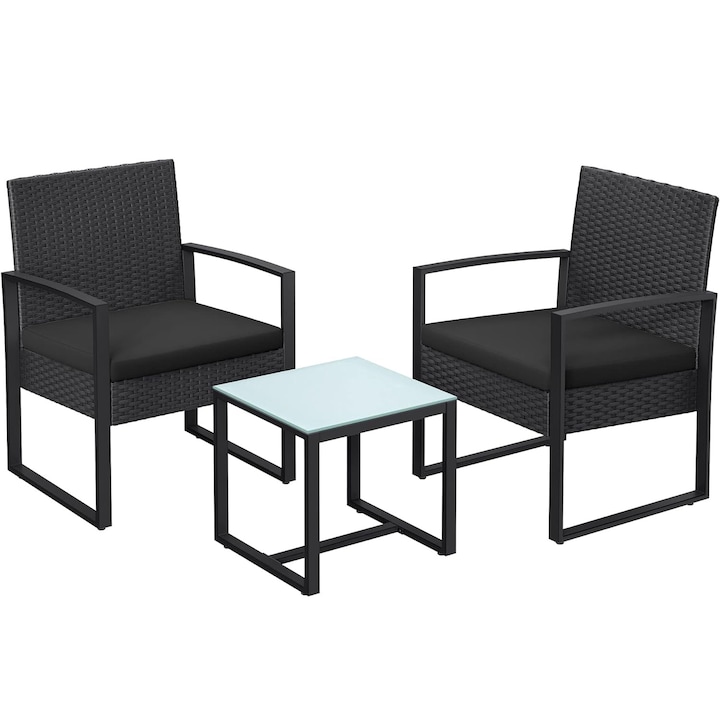 Set de mobilier SONGMICS pentru terasa sau balcon, din poliratan PE, masa si 2 scaune, negru