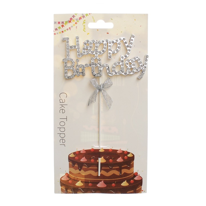 Decoratiune topper tort, "HAPPY BIRTHDAY", Argintiu