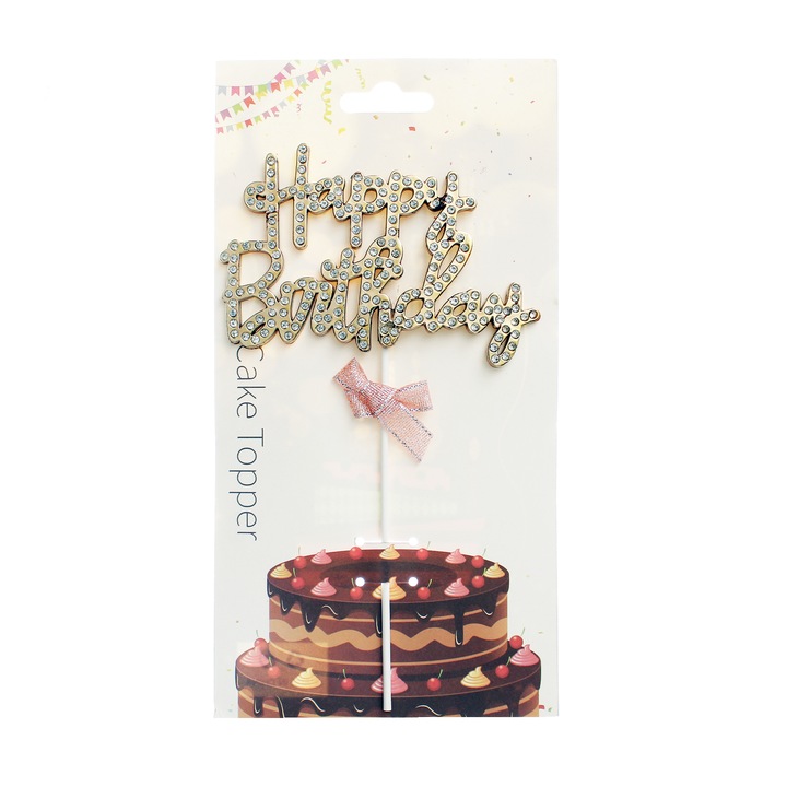 Decoratiune topper tort, "HAPPY BIRTHDAY", Auriu