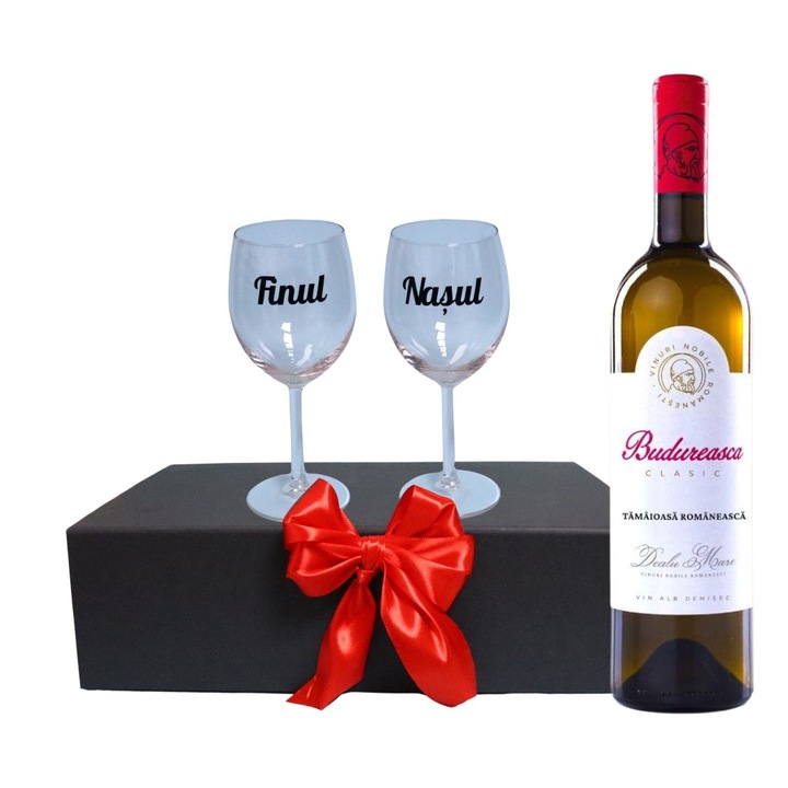 Set cadou Nasi, Cutie de vin cu sticla si 2 pahare, 35x25cm, Vin Budureasca Clasic Tamaioasa Romaneasca, CSVN003