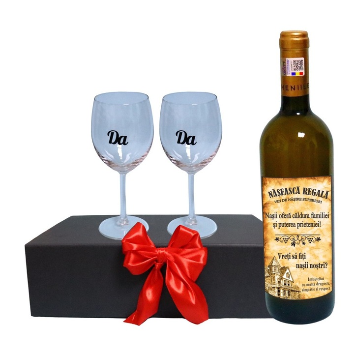 Set cadou Cerere nasi, Cutie de vin cu sticla si 2 pahare, 35x25cm, Vin Domeniile Panciu Feteasca Regala, CSVCN006