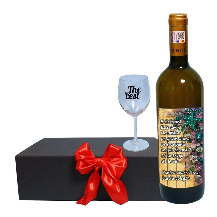 Set cadou de Sarbatori pentru coleg/a, Cutie de vin cu sticla si un pahar, 35x25cm, Vin Domeniile Panciu Feteasca Regala, CSVC012