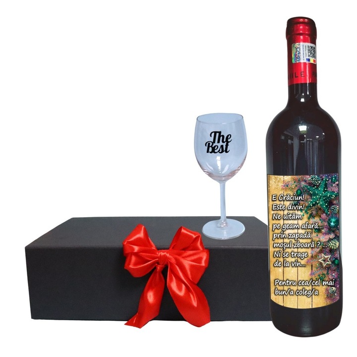 Set cadou de Sarbatori pentru coleg/a, Cutie de vin cu sticla si un pahar, 35x25cm, Vin Domeniile Panciu Feteasca Neagra, CSVC010