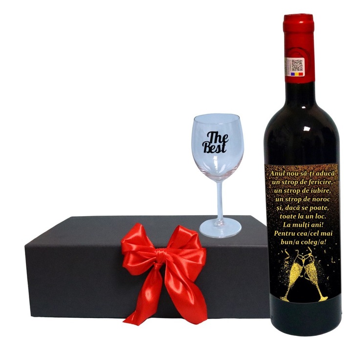 Set cadou de Sarbatori pentru coleg/a, Cutie de vin cu sticla si un pahar, 35x25cm, Vin Budureasca Clasic, CSVC005