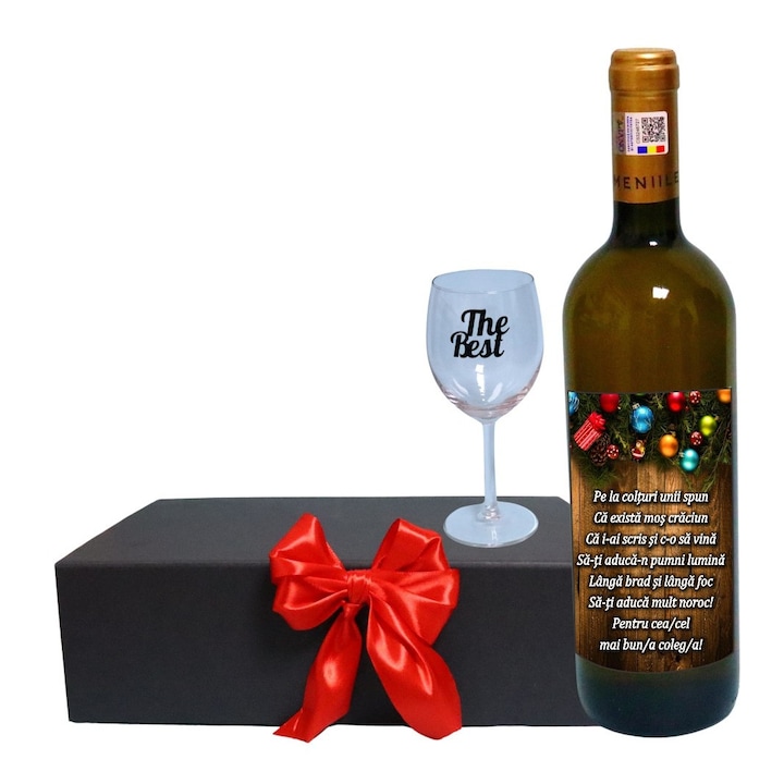 Set cadou de Sarbatori pentru coleg/a, Cutie de vin cu sticla si un pahar, 35x25cm, Vin Domeniile Panciu Feteasca Regala, CSVC003