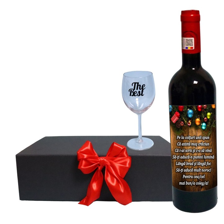 Set cadou de Sarbatori pentru coleg/a, Cutie de vin cu sticla si un pahar, 35x25cm, Vin Budureasca Clasic, CSVC002