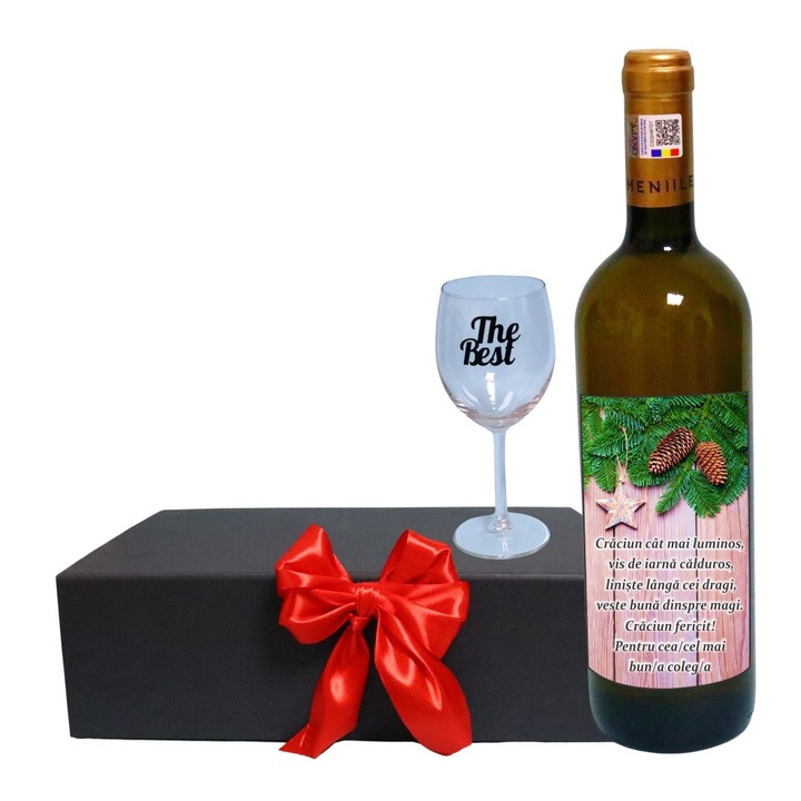 Set cadou de Sarbatori pentru coleg/a, Cutie de vin cu sticla si un pahar, 35x25cm, Vin Domeniile Panciu Feteasca Regala, CSVC009