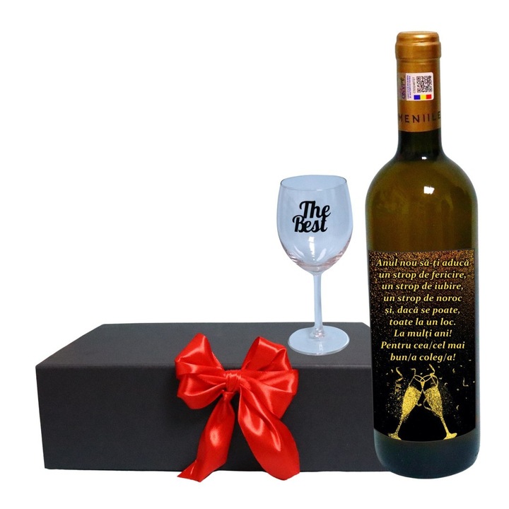 Set cadou de Sarbatori pentru coleg/a, Cutie de vin cu sticla si un pahar, 35x25cm, Vin Domeniile Panciu Feteasca Regala, CSVC006