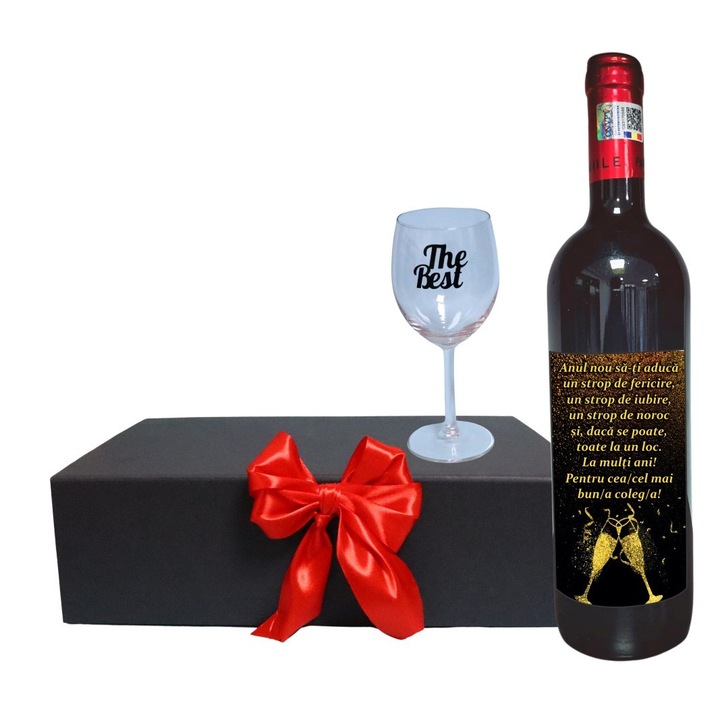 Set cadou de Sarbatori pentru coleg/a, Cutie de vin cu sticla si un pahar, 35x25cm, Vin Domeniile Panciu Feteasca Neagra, CSVC004