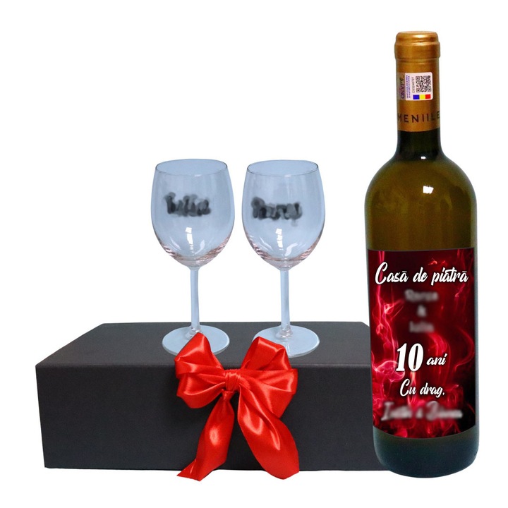 Set cadou aniversar, Cutie de vin cu sticla si 2 pahare, 35x25cm, Vin Domeniile Panciu Feteasca Regala, CSVA003