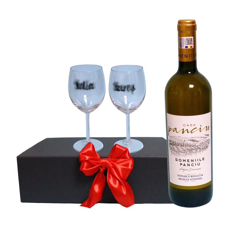 Set cadou aniversar, Cutie de vin cu sticla si 2 pahare, 35x25cm, Vin Domeniile Panciu Feteasca Regala, CSVA007