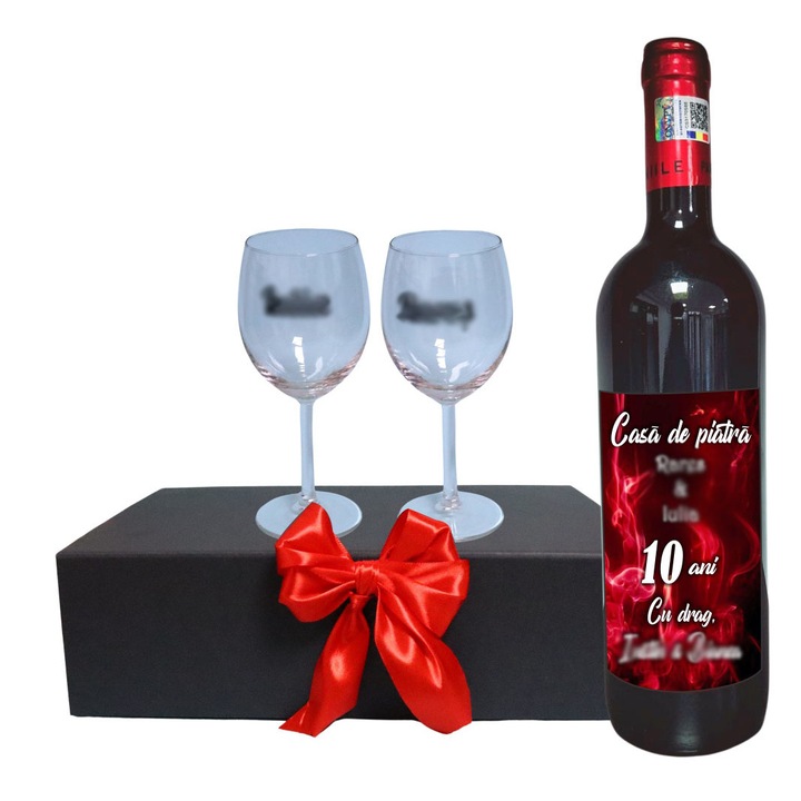 Set cadou aniversar, Cutie de vin cu sticla si 2 pahare, 35x25cm, Vin Domeniile Panciu Feteasca Neagra, CSVA001