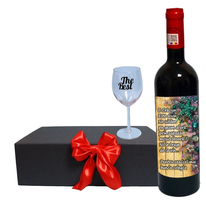Set cadou de Sarbatori pentru coleg/a, Cutie de vin cu sticla si un pahar, 35x25cm, Vin Budureasca Clasic, CSVC011