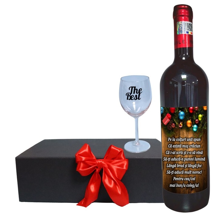 Set cadou de Sarbatori pentru coleg/a, Cutie de vin cu sticla si un pahar, 35x25cm, Vin Domeniile Panciu Feteasca Neagra, CSVC001
