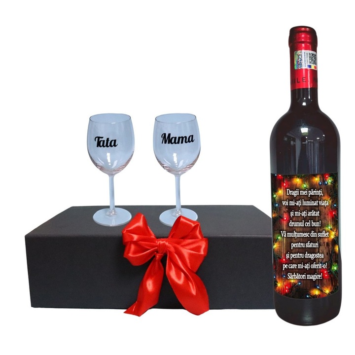 Set cadou Parinti, Cutie de vin cu sticla si 2 pahare, 35x25cm, Vin Domeniile Panciu Feteasca Neagra, CSVPA010