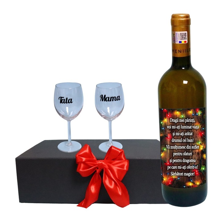 Set cadou Parinti, Cutie de vin cu sticla si 2 pahare, 35x25cm, Vin Domeniile Panciu Feteasca Regala, CSVPA011