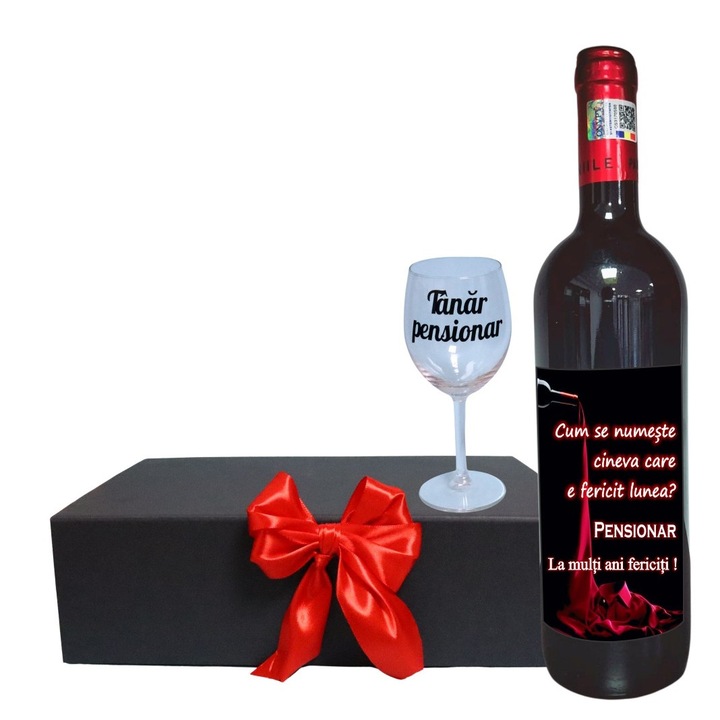 Set cadou Pensionare, Cutie de vin cu sticla si un pahar, 35x25cm, Vin Domeniile Panciu Feteasca Neagra, CSVPN001
