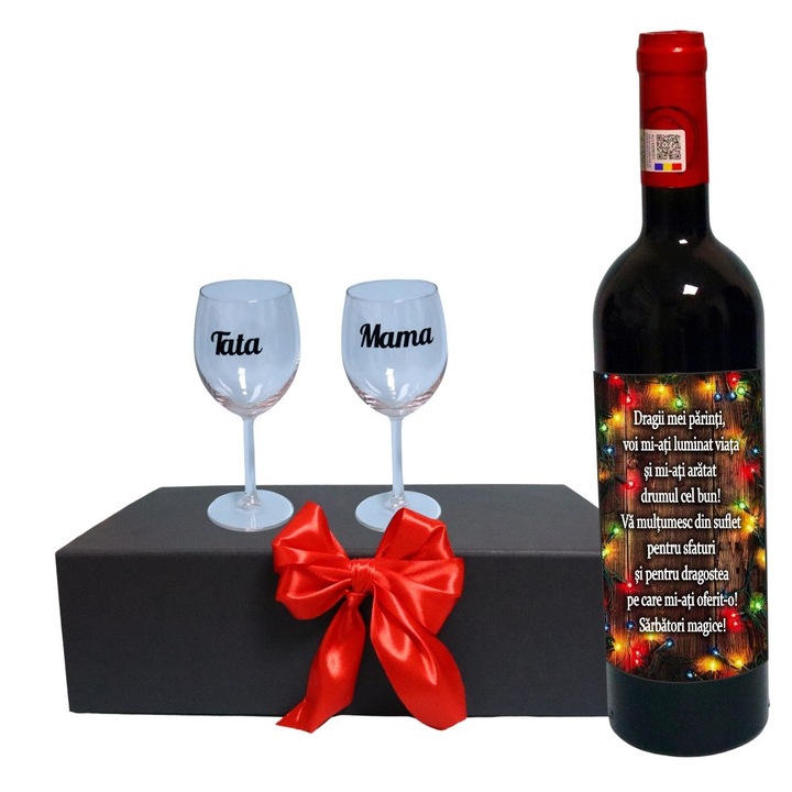 Set cadou Parinti, Cutie de vin cu sticla si 2 pahare, 35x25cm, Vin Budureasca Clasic, CSVPA012