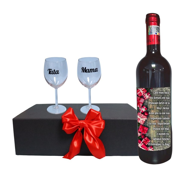 Set cadou Parinti, Cutie de vin cu sticla si 2 pahare, 35x25cm, Vin Domeniile Panciu Feteasca Neagra, CSVPA007