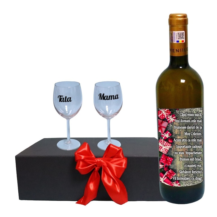 Set cadou Parinti, Cutie de vin cu sticla si 2 pahare, 35x25cm, Vin Domeniile Panciu Feteasca Regala, CSVPA009