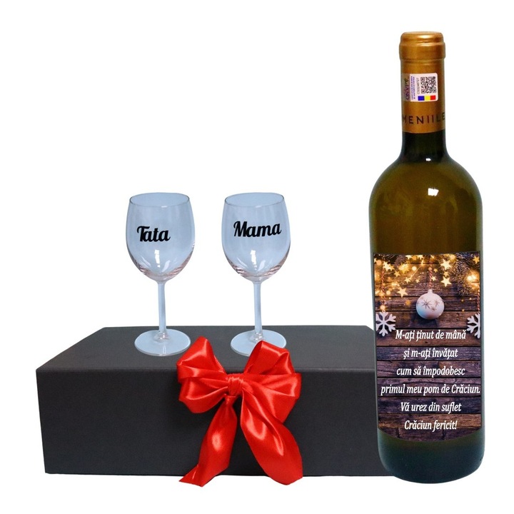 Set cadou Parinti, Cutie de vin cu sticla si 2 pahare, 35x25cm, Vin Domeniile Panciu Feteasca Regala, CSVPA006