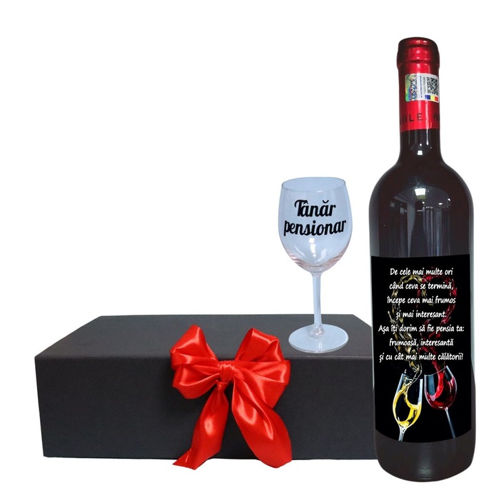Set cadou Pensionare, Cutie de vin cu sticla si un pahar, 35x25cm, Vin Domeniile Panciu Feteasca Neagra, CSVPN004