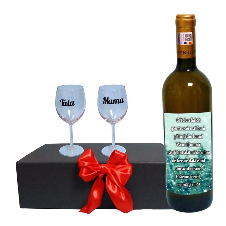 Set cadou Parinti, Cutie de vin cu sticla si 2 pahare, 35x25cm, Vin Domeniile Panciu Feteasca Regala, CSVPA003