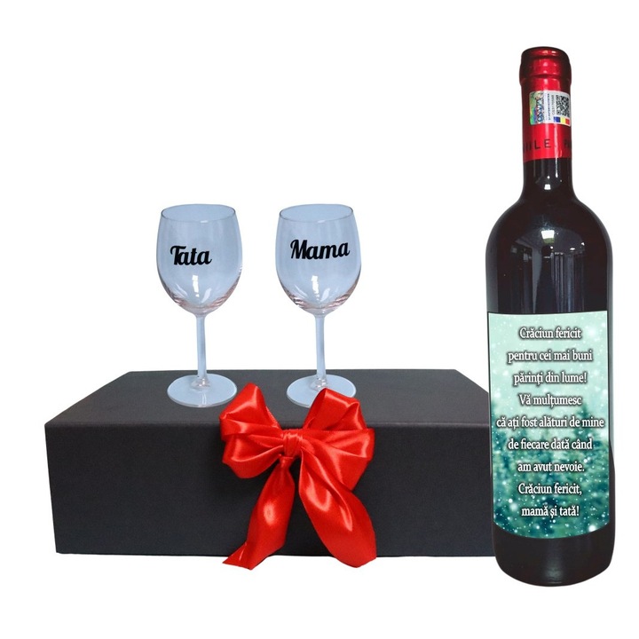 Set cadou Parinti, Cutie de vin cu sticla si 2 pahare, 35x25cm, Vin Domeniile Panciu Feteasca Neagra, CSVPA001