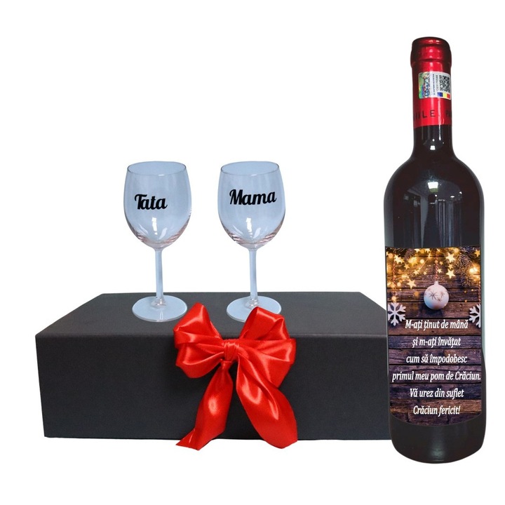 Set cadou Parinti, Cutie de vin cu sticla si 2 pahare, 35x25cm, Vin Domeniile Panciu Feteasca Neagra, CSVPA004