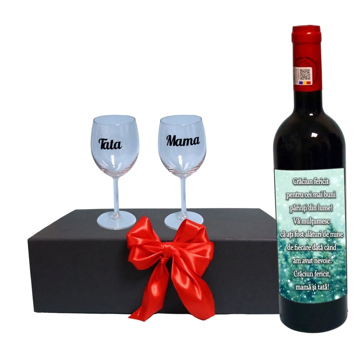 Set cadou Parinti, Cutie de vin cu sticla si 2 pahare, 35x25cm, Vin Budureasca Clasic, CSVPA002
