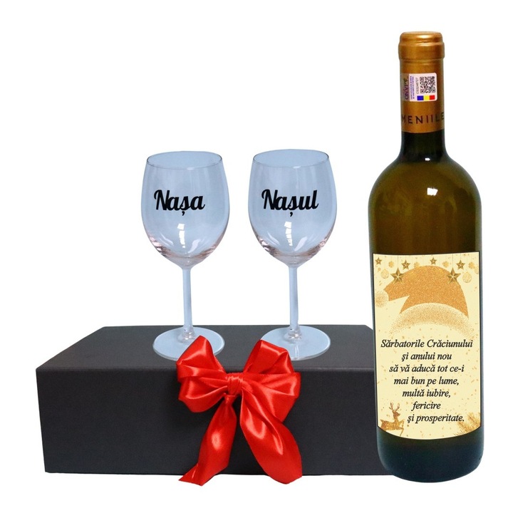 Set cadou Nasi, Cutie de vin cu sticla si 2 pahare, 35x25cm, Vin Domeniile Panciu Feteasca Regala, CSVN031