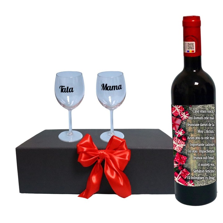 Set cadou Parinti, Cutie de vin cu sticla si 2 pahare, 35x25cm, Vin Budureasca Clasic, CSVPA008