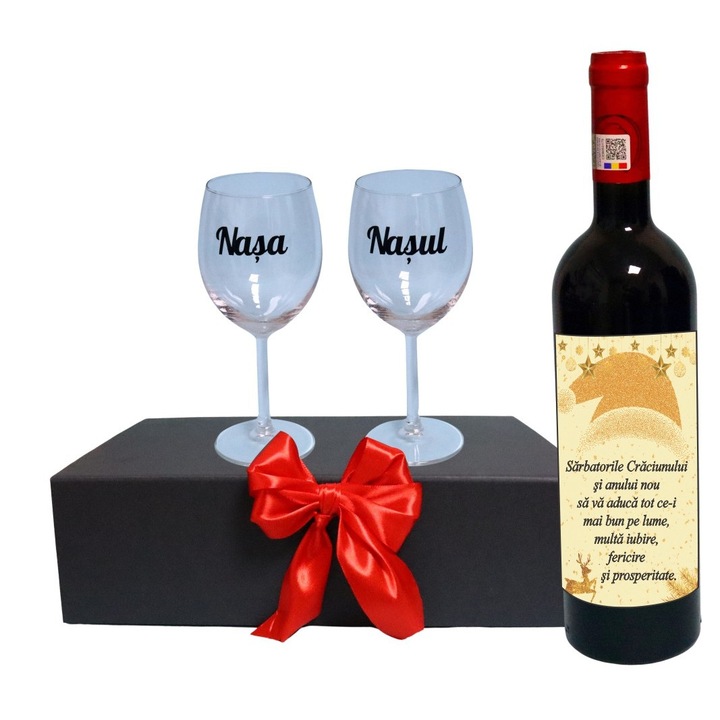 Set cadou Nasi, Cutie de vin cu sticla si 2 pahare, 35x25cm, Vin Budureasca Clasic, CSVN030
