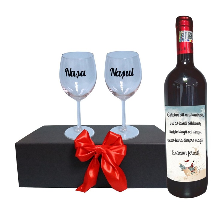 Set cadou Nasi, Cutie de vin cu sticla si 2 pahare, 35x25cm, Vin Domeniile Panciu Feteasca Neagra, CSVN026