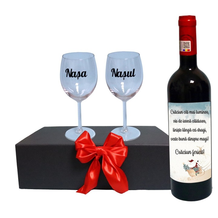 Set cadou Nasi, Cutie de vin cu sticla si 2 pahare, 35x25cm, Vin Budureasca Clasic, CSVN027