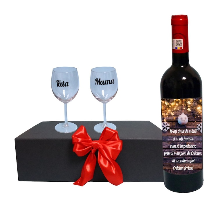 Set cadou Parinti, Cutie de vin cu sticla si 2 pahare, 35x25cm, Vin Budureasca Clasic, CSVPA005