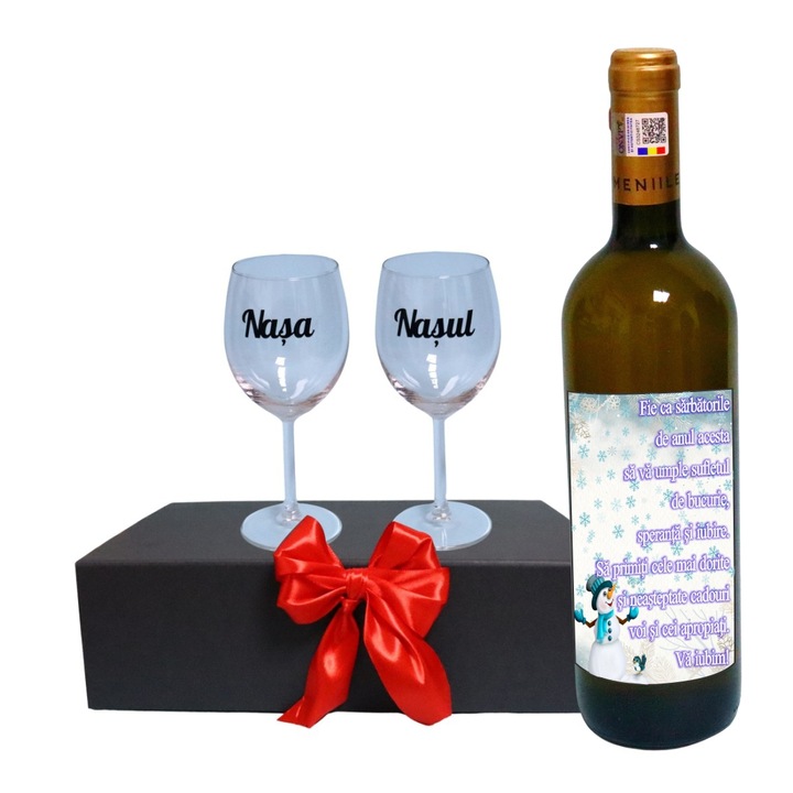 Set cadou Nasi, Cutie de vin cu sticla si 2 pahare, 35x25cm, Vin Domeniile Panciu Feteasca Regala, CSVN022