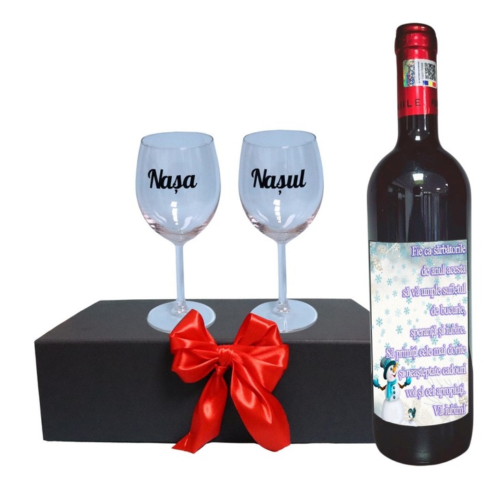 Set cadou Nasi, Cutie de vin cu sticla si 2 pahare, 35x25cm, Vin Domeniile Panciu Feteasca Neagra, CSVN020