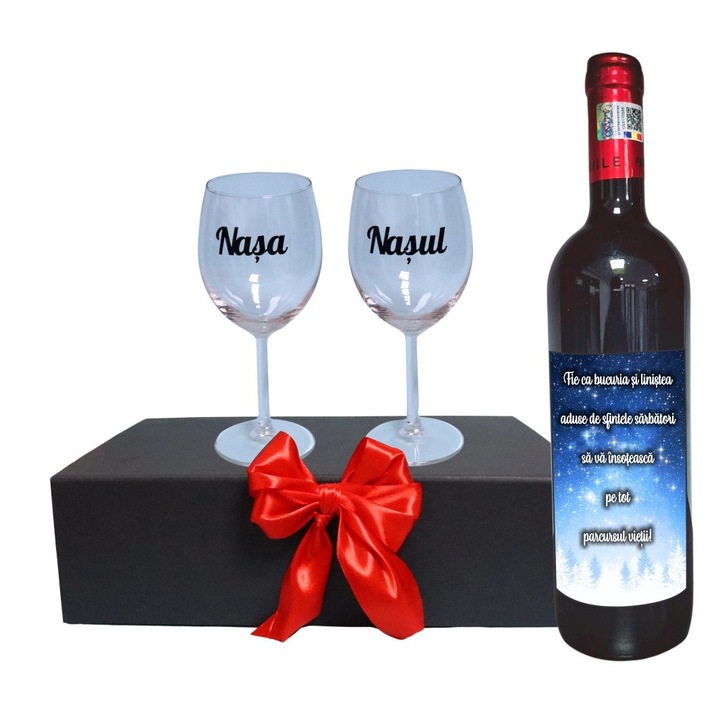 Set cadou Nasi, Cutie de vin cu sticla si 2 pahare, 35x25cm, Vin Domeniile Panciu Feteasca Neagra, CSVN023