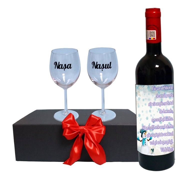 Set cadou Nasi, Cutie de vin cu sticla si 2 pahare, 35x25cm, Vin Budureasca Clasic, CSVN021