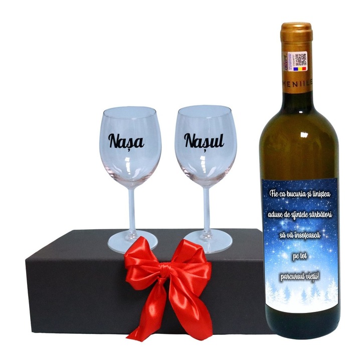 Set cadou Nasi, Cutie de vin cu sticla si 2 pahare, 35x25cm, Vin Domeniile Panciu Feteasca Regala, CSVN025