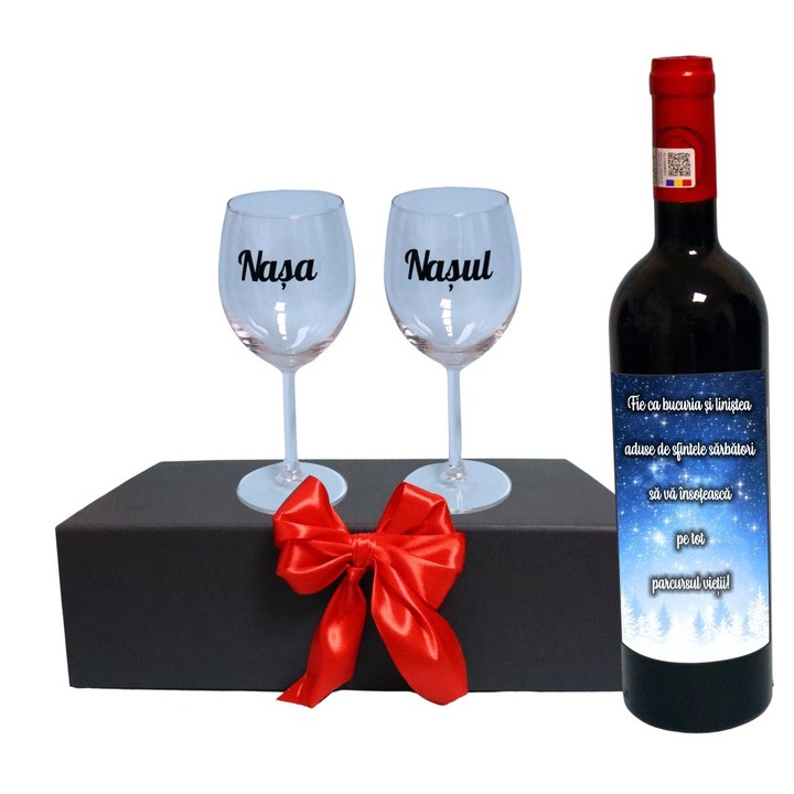 Set cadou Nasi, Cutie de vin cu sticla si 2 pahare, 35x25cm, Vin Budureasca Clasic, CSVN024