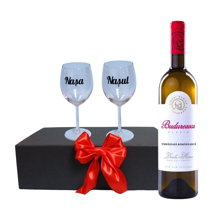 Set cadou Nasi, Cutie de vin cu sticla si 2 pahare, 35x25cm, Vin Budureasca Clasic Tamaioasa Romaneasca, CSVN011