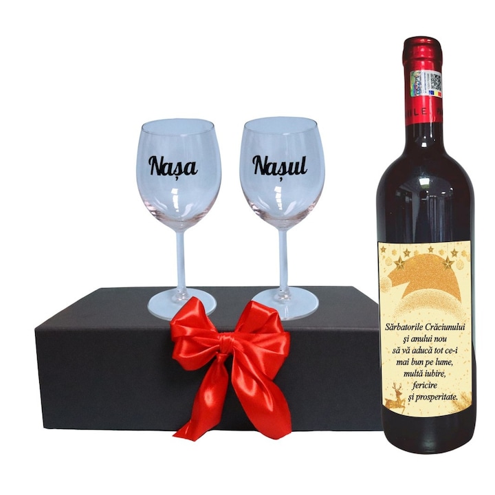 Set cadou Nasi, Cutie de vin cu sticla si 2 pahare, 35x25cm, Vin Domeniile Panciu Feteasca Neagra, CSVN029