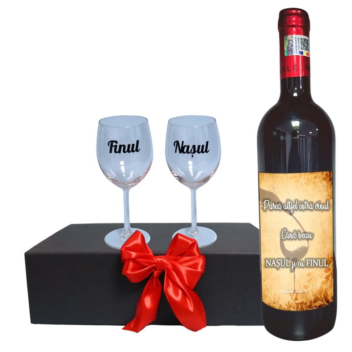 Set cadou Nasi, Cutie de vin cu sticla si 2 pahare, 35x25cm, Vin Domeniile Panciu Feteasca Neagra, CSVN008