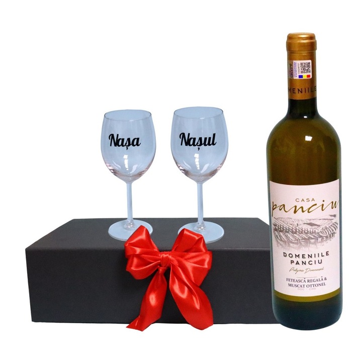 Set cadou Nasi, Cutie de vin cu sticla si 2 pahare, 35x25cm, Vin Domeniile Panciu Feteasca Regala, CSVN013