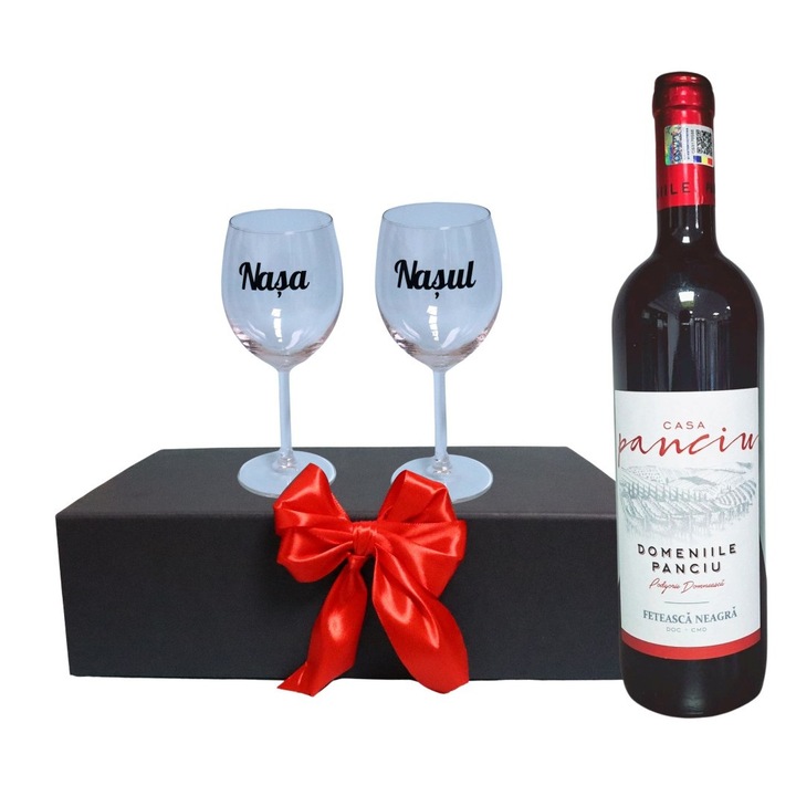 Set cadou Nasi, Cutie de vin cu sticla si 2 pahare, 35x25cm, Vin Domeniile Panciu Feteasca Neagra, CSVN010