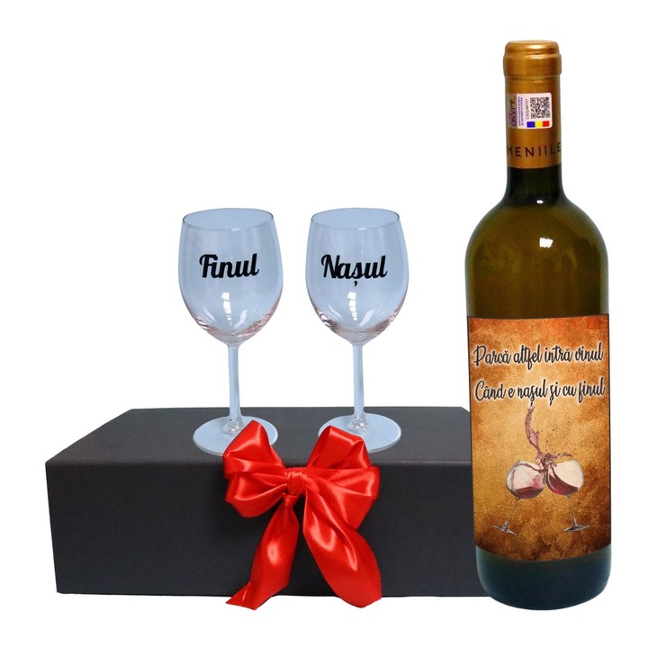 Set cadou Nasi, Cutie de vin cu sticla si 2 pahare, 35x25cm, Vin Domeniile Panciu Feteasca Regala, CSVN007