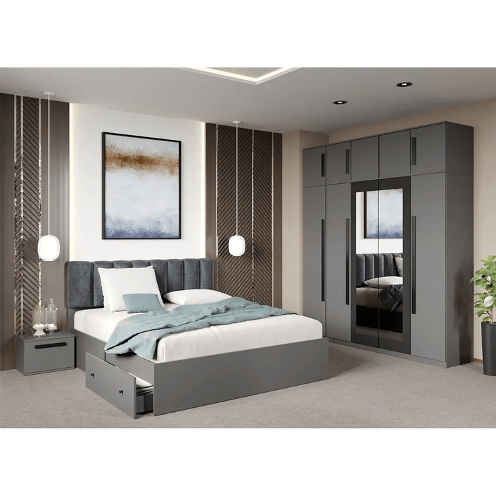 Set dormitor, Dallas, fara comoda, Gri Antracit, C63, Dulap, Pat 160x200, Noptiere