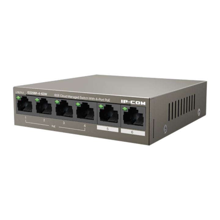 Суич 4 Gigabit PoE+ порта, 2 RJ45 Gigabit порта, 58W, Управление - IP-COM G2206P-4-63W